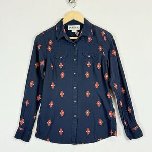 Ariat Real Western Blue Native Woven Pattern Long Sleeve Shirt Top Women's Small